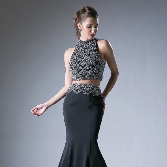 NEW LONG TWO PIECES MERMAID EMBROIDERED DRESS WITH CUTOUT ZIPPER BACK CD 11574 - Picture 3 of 8